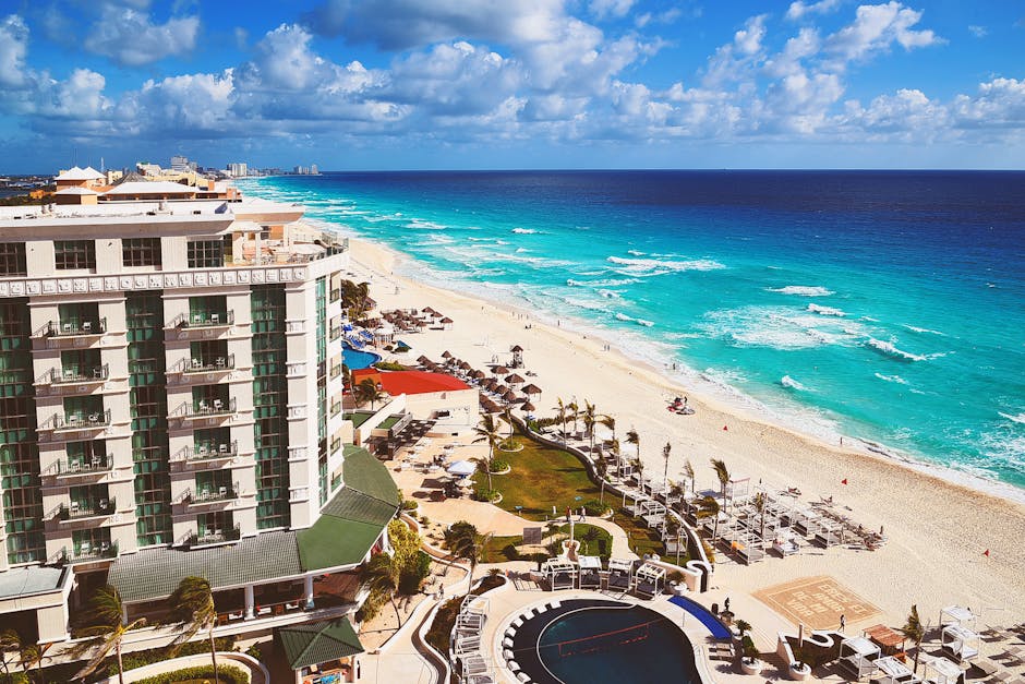 Cancun Mexico aerial view hotel zone turquoise Caribbean beach resort