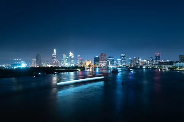 Ho Chi Minh City evening skyline Nguyen Hue Walking Street Saigon Vietnam