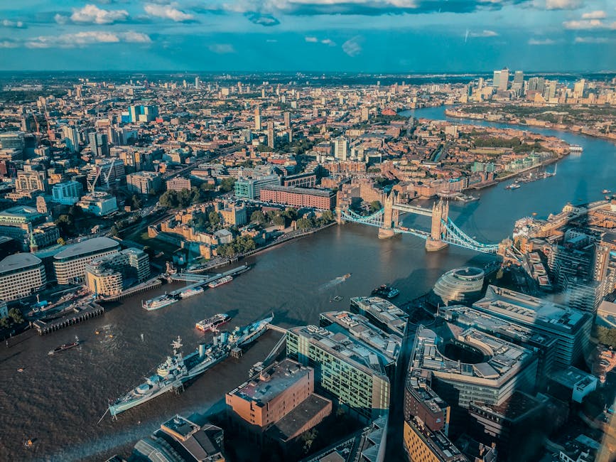 London aerial city skyline with UK cityscape