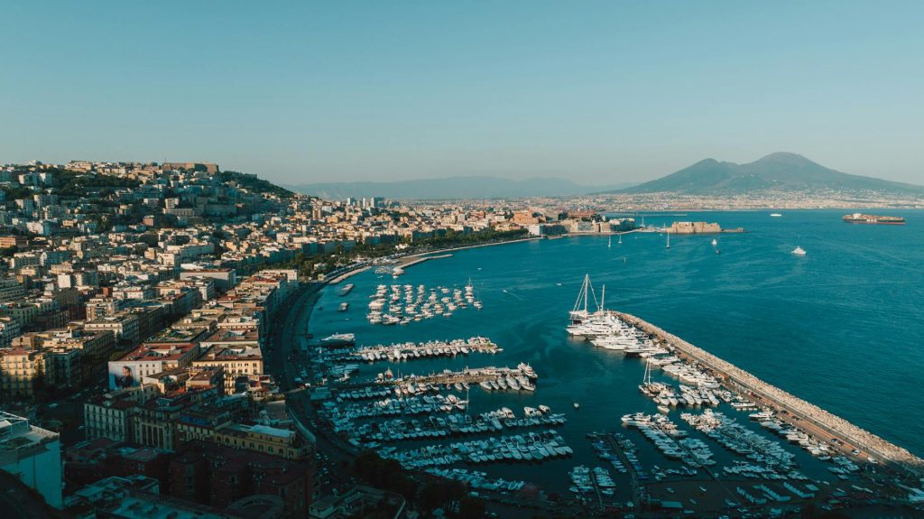 Naples waterfront with Mount Vesuvius in the background and the Bay of Naples