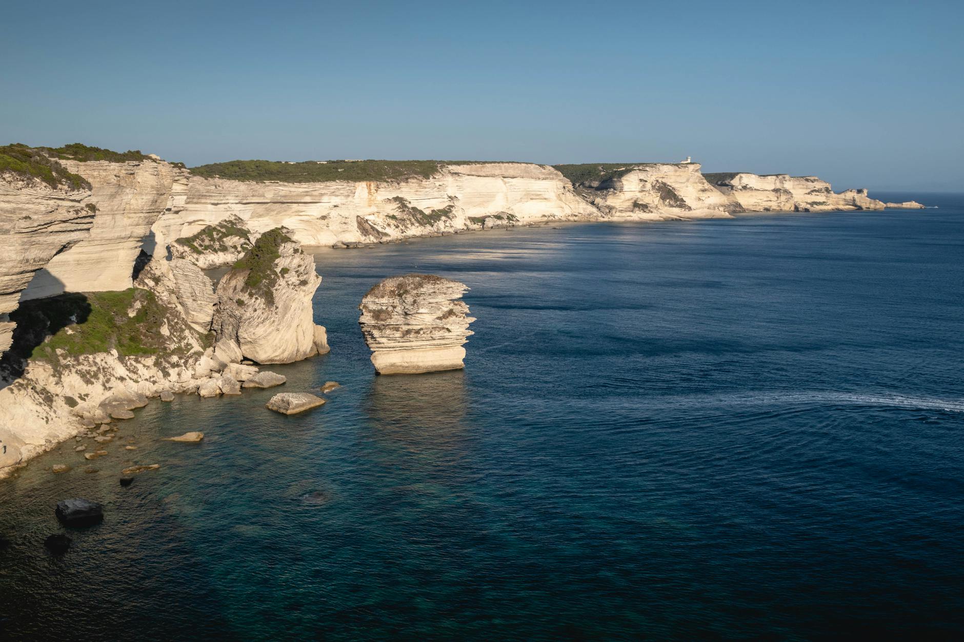 Aerial view of the Bonifacio cliffs and haute ville on Corsica's southern coast
