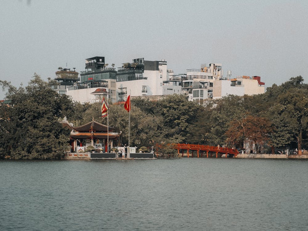Hoan Kiem Lake with the iconic red bridge in Hanoi, Vietnam