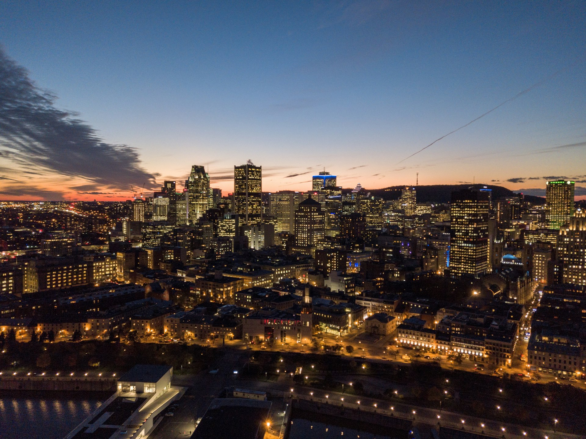 Montreal skyline with downtown skyscrapers and Mount Royal
