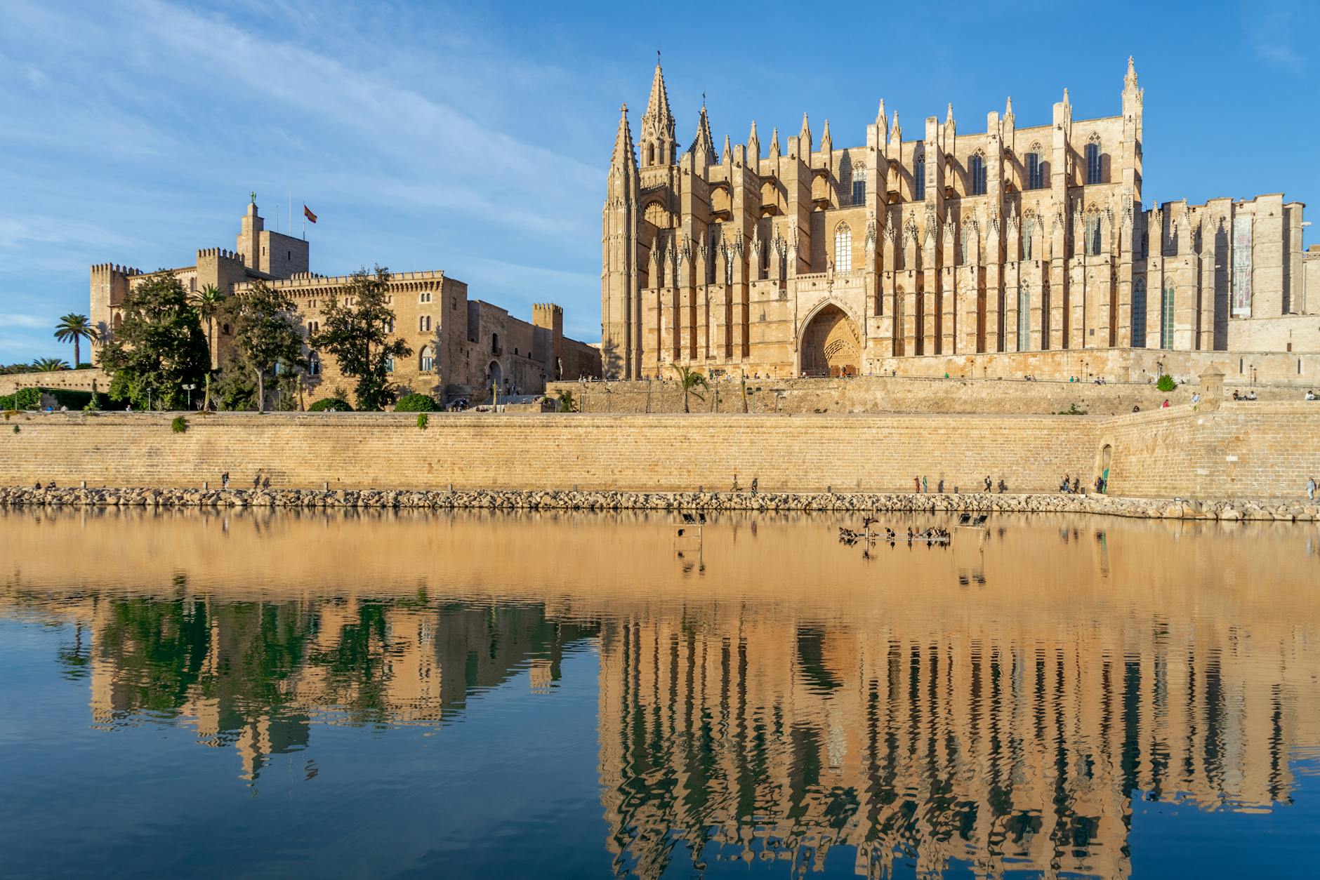 Palma Cathedral La Seu reflecting in the harbour water, Mallorca