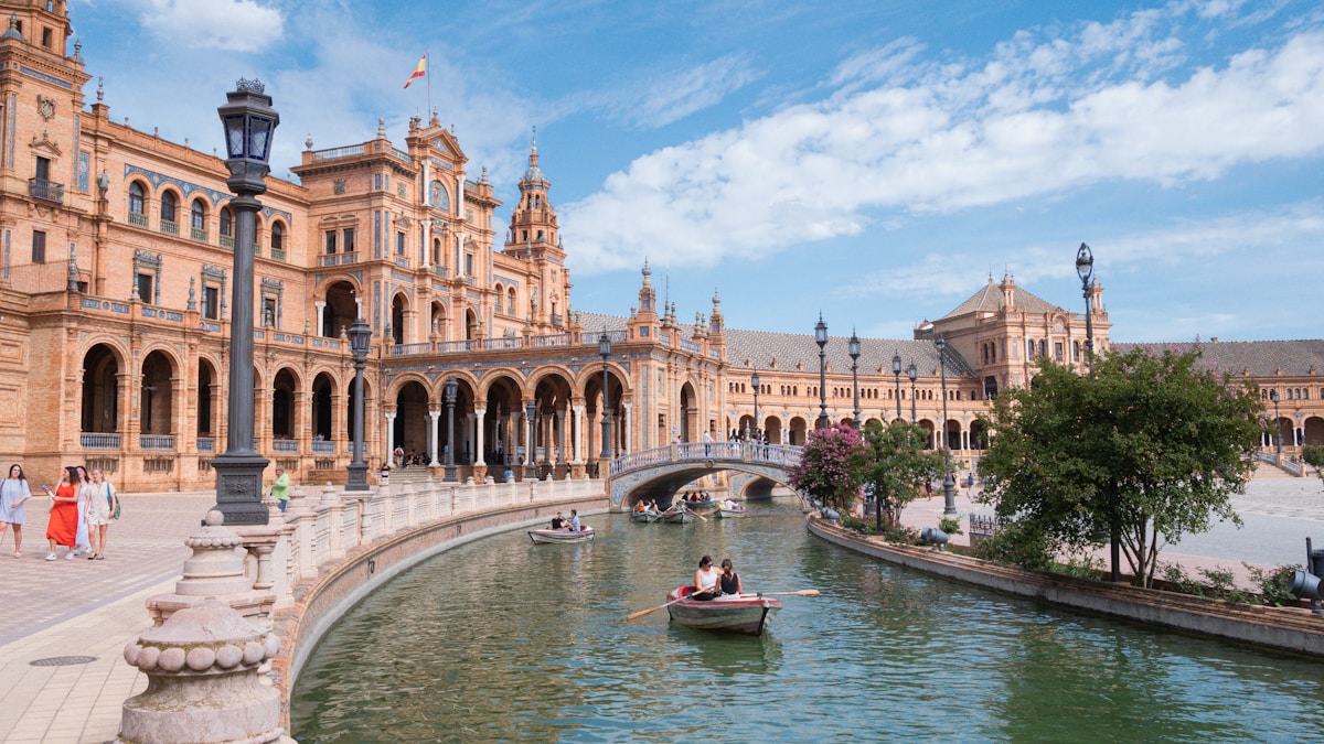 Plaza de España in Seville with its ornate bridges and tiled alcoves