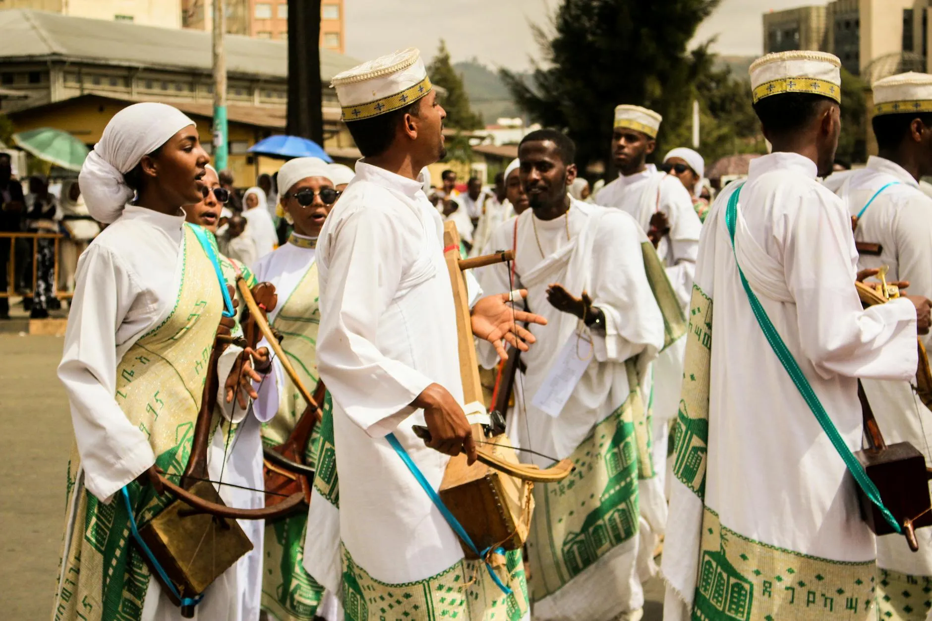 Addis Ababa, Ethiopia — African group celebrates Meskel festival in Addis Ababa with traditional attire and dance.
