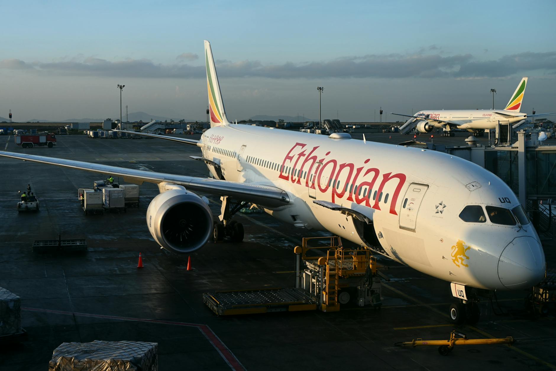 Ethiopian Airlines Boeing 787 parked at Bole International Airport, Addis Ababa.