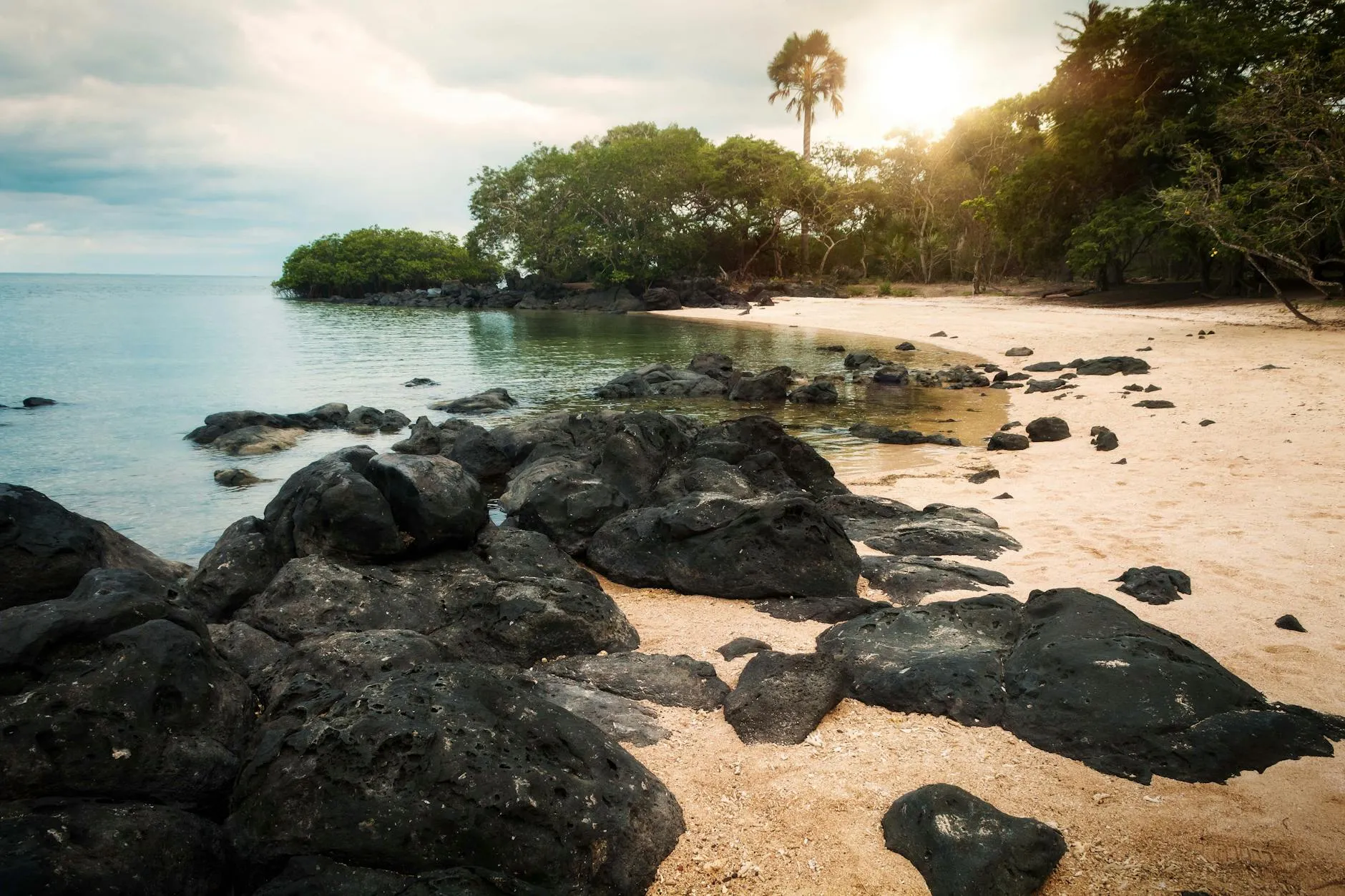 A tranquil beach scene at sunrise with volcanic rocks and lush greenery in East Java, Indonesia.