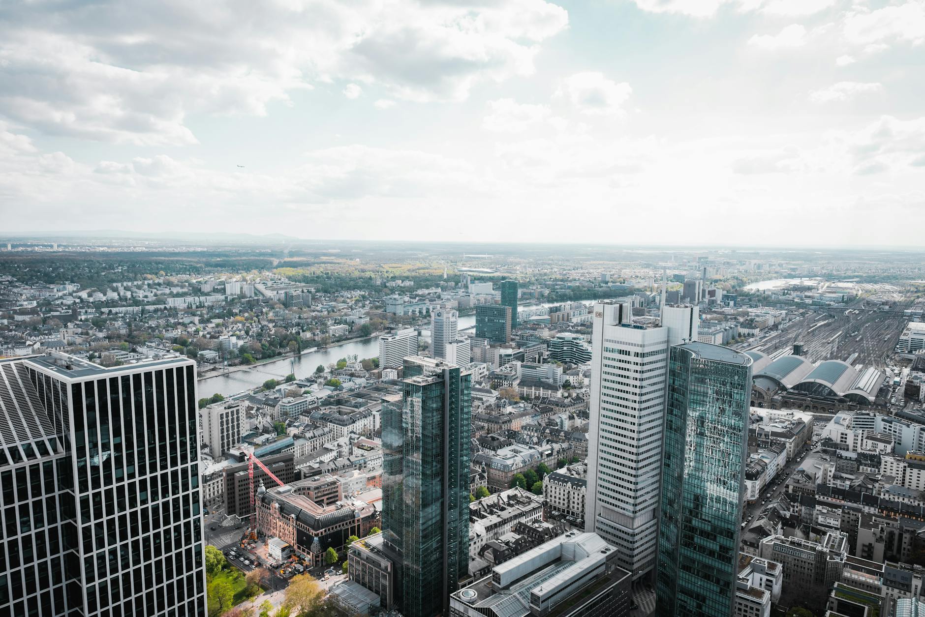 Stunning aerial view of Frankfurt's modern skyline on a clear day.