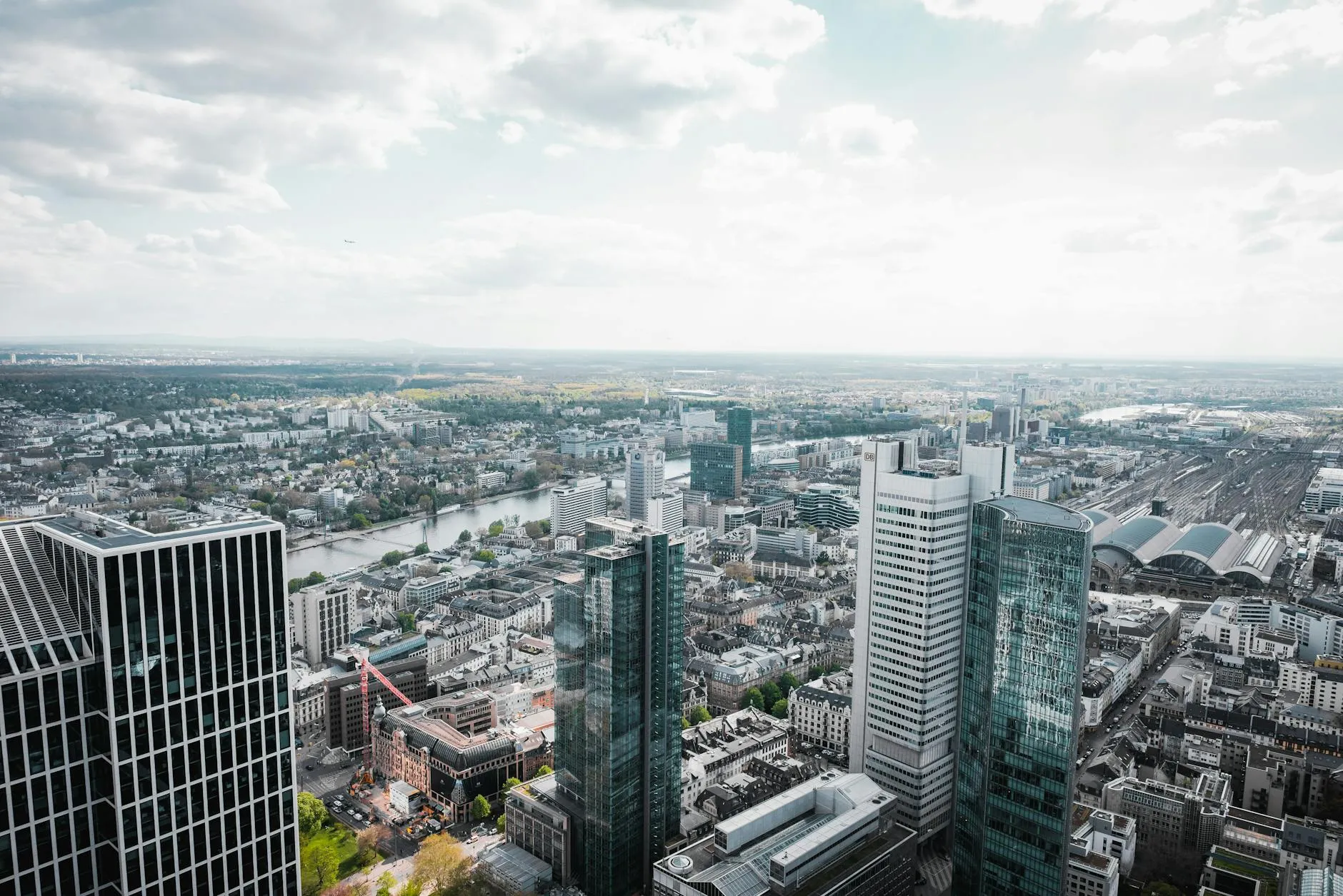 Stunning aerial view of Frankfurt's modern skyline on a clear day.