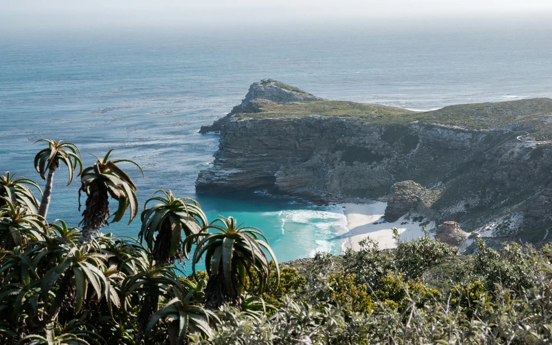 Majestic cliffs overlooking a turquoise sea with lush flora and white sandy beach.
