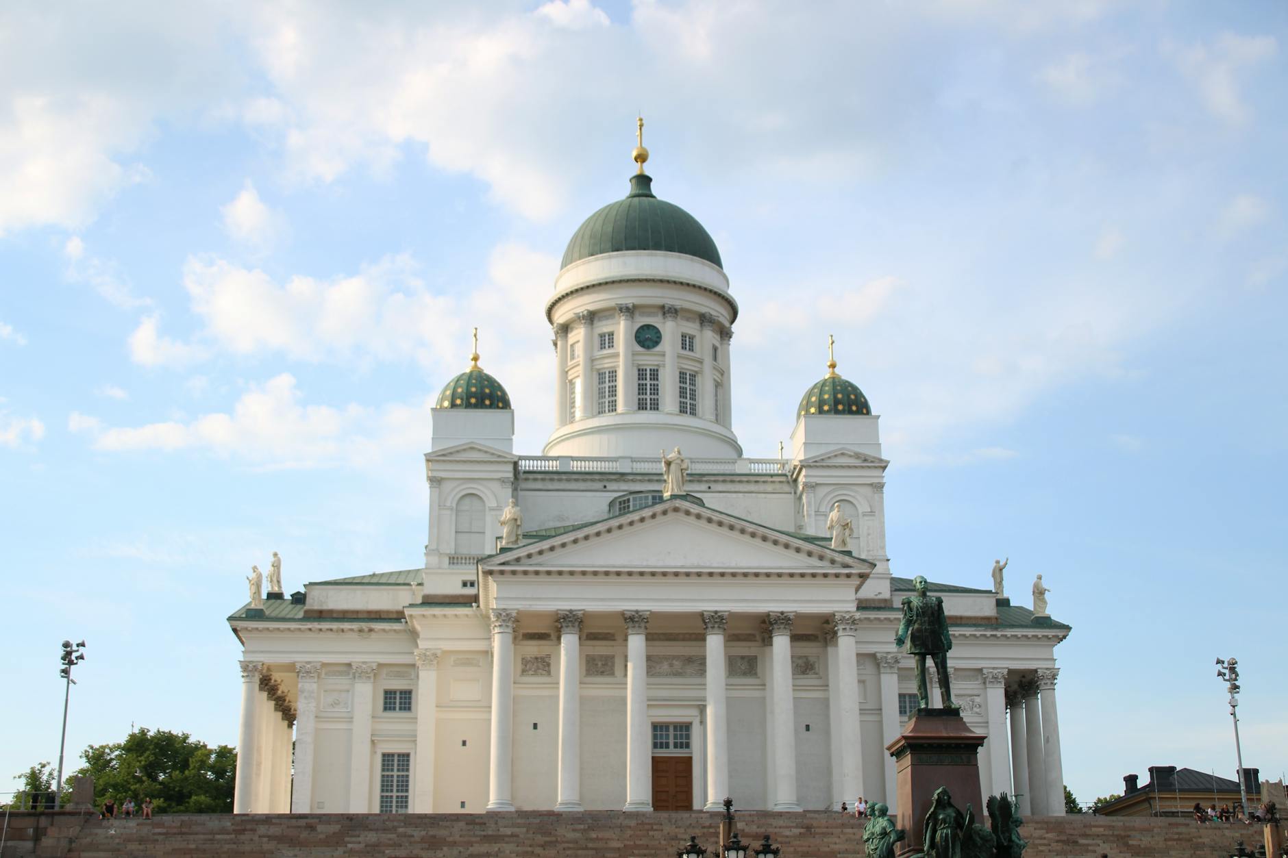 Stunning view of Helsinki Cathedral with a clear blue sky, highlighting its elegant architecture.