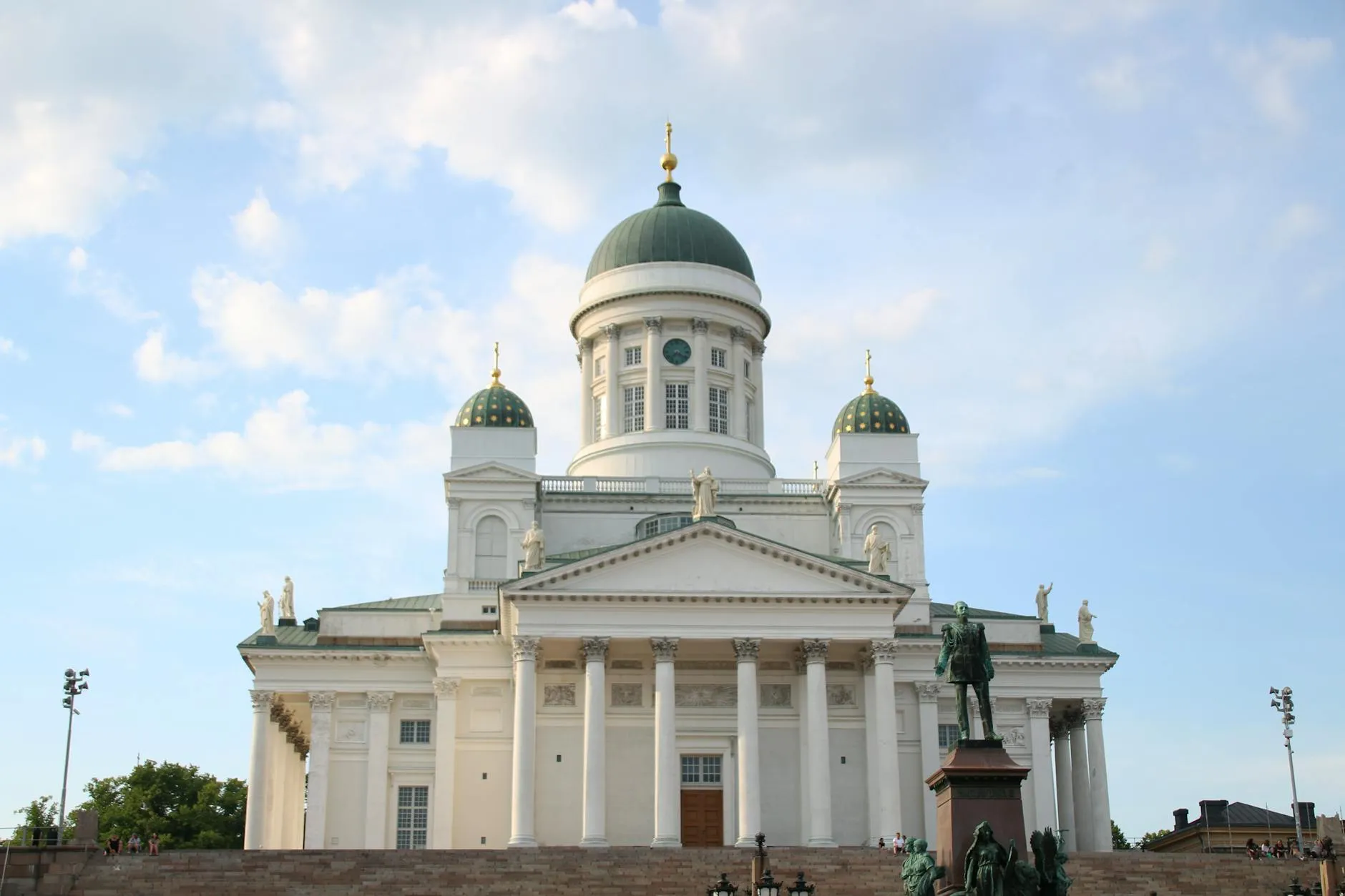 Stunning view of Helsinki Cathedral with a clear blue sky, highlighting its elegant architecture.