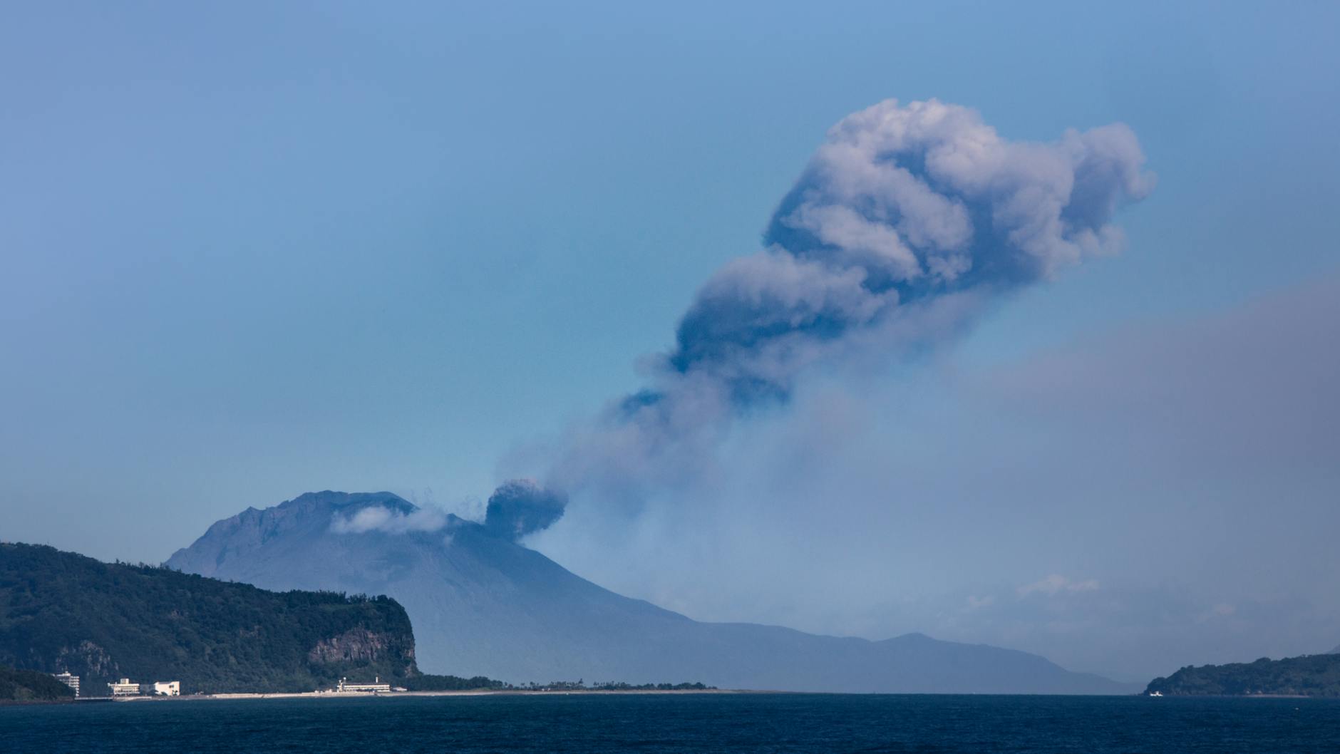 Kagoshima, Japan — Sakurajima volcano erupts with a dramatic smoke plume in Kagoshima, Japan.
