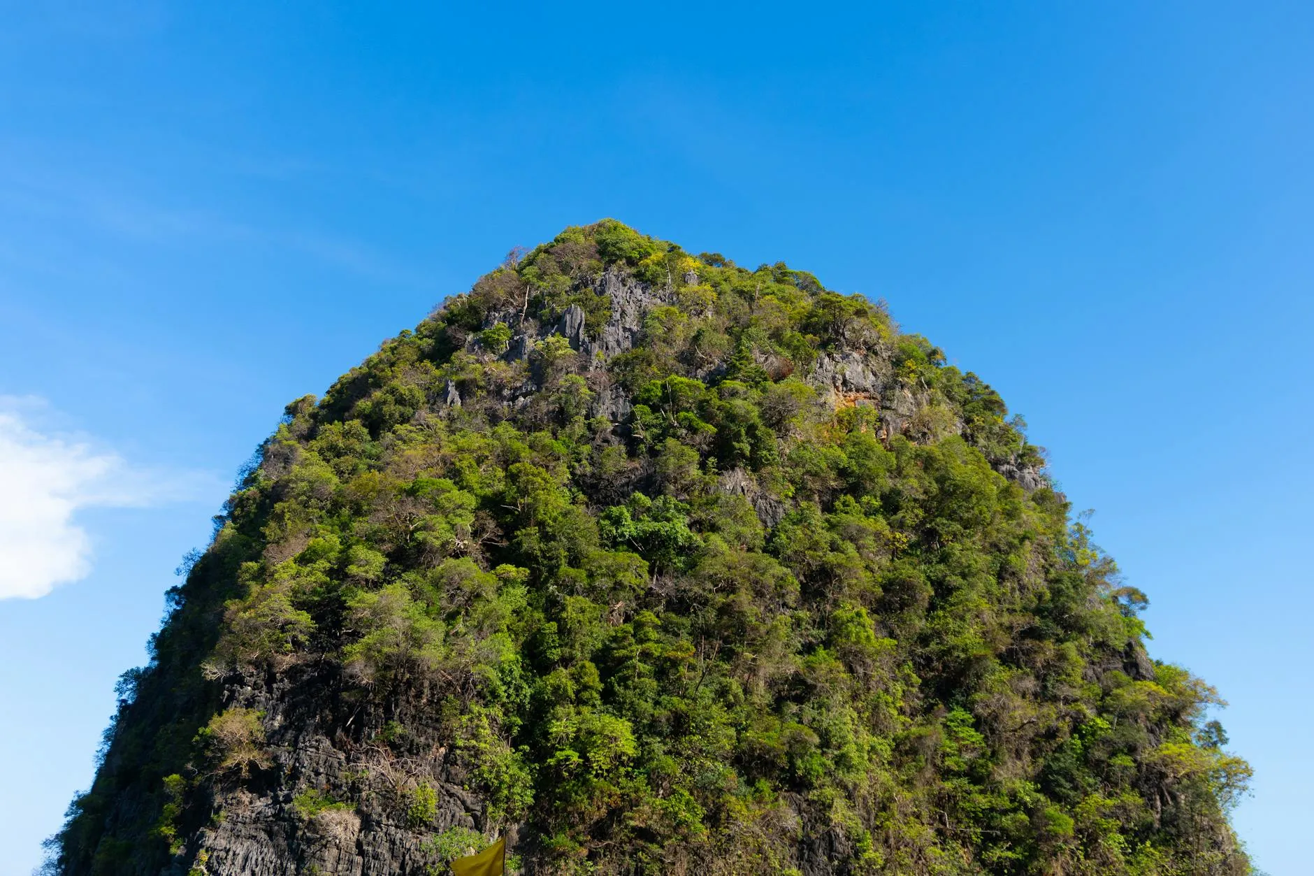 Lush limestone cliff under blue sky in Krabi, Thailand, perfect for natural tourism and adventure.