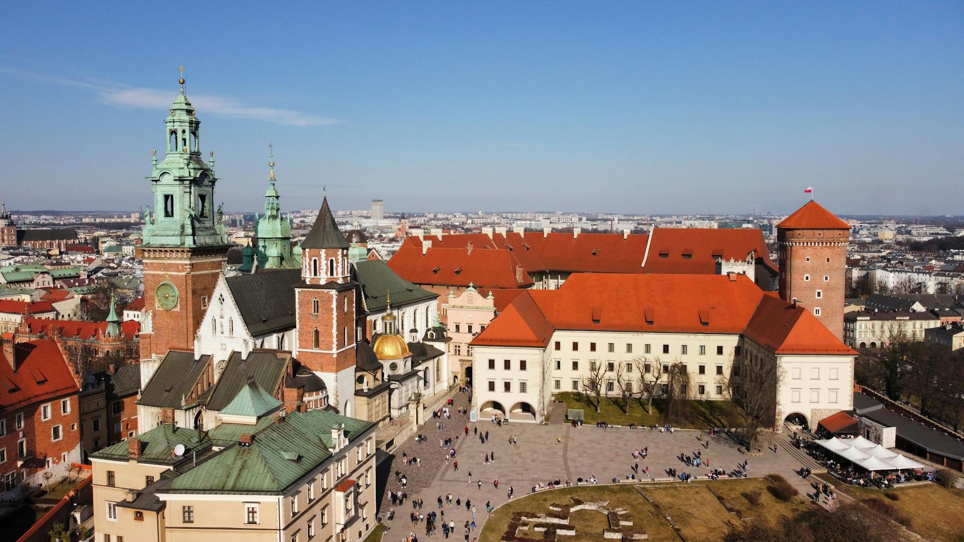 Stunning aerial view of Wawel Castle in Krakow, showcasing architectural beauty and historical significance.
