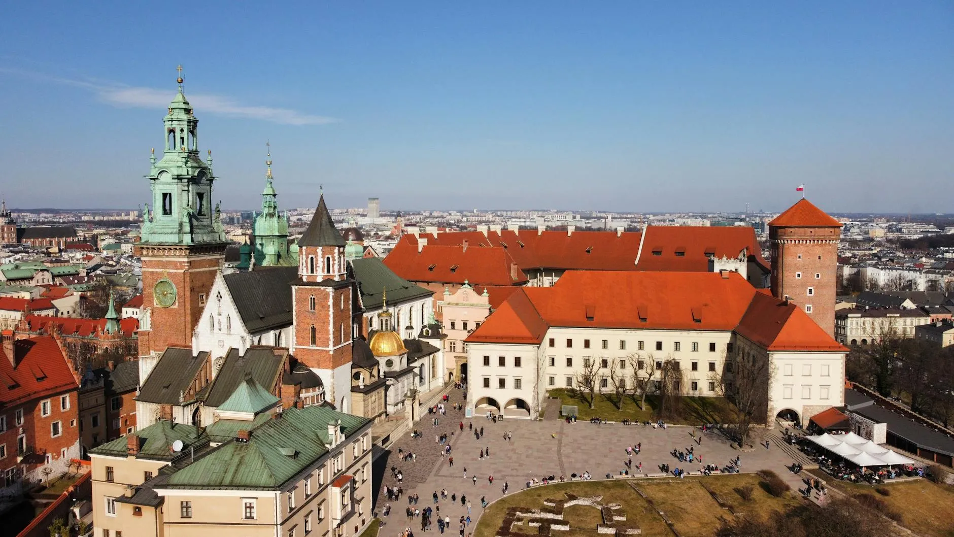Stunning aerial view of Wawel Castle in Krakow, showcasing architectural beauty and historical significance.