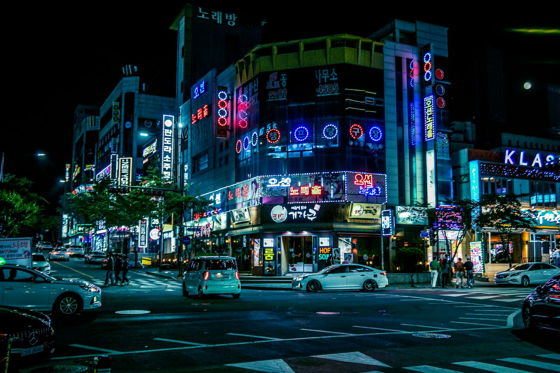 Gwangju, South Korea — Illuminated street in Gwangju, South Korea, showcasing neon lights and city hustle at night.