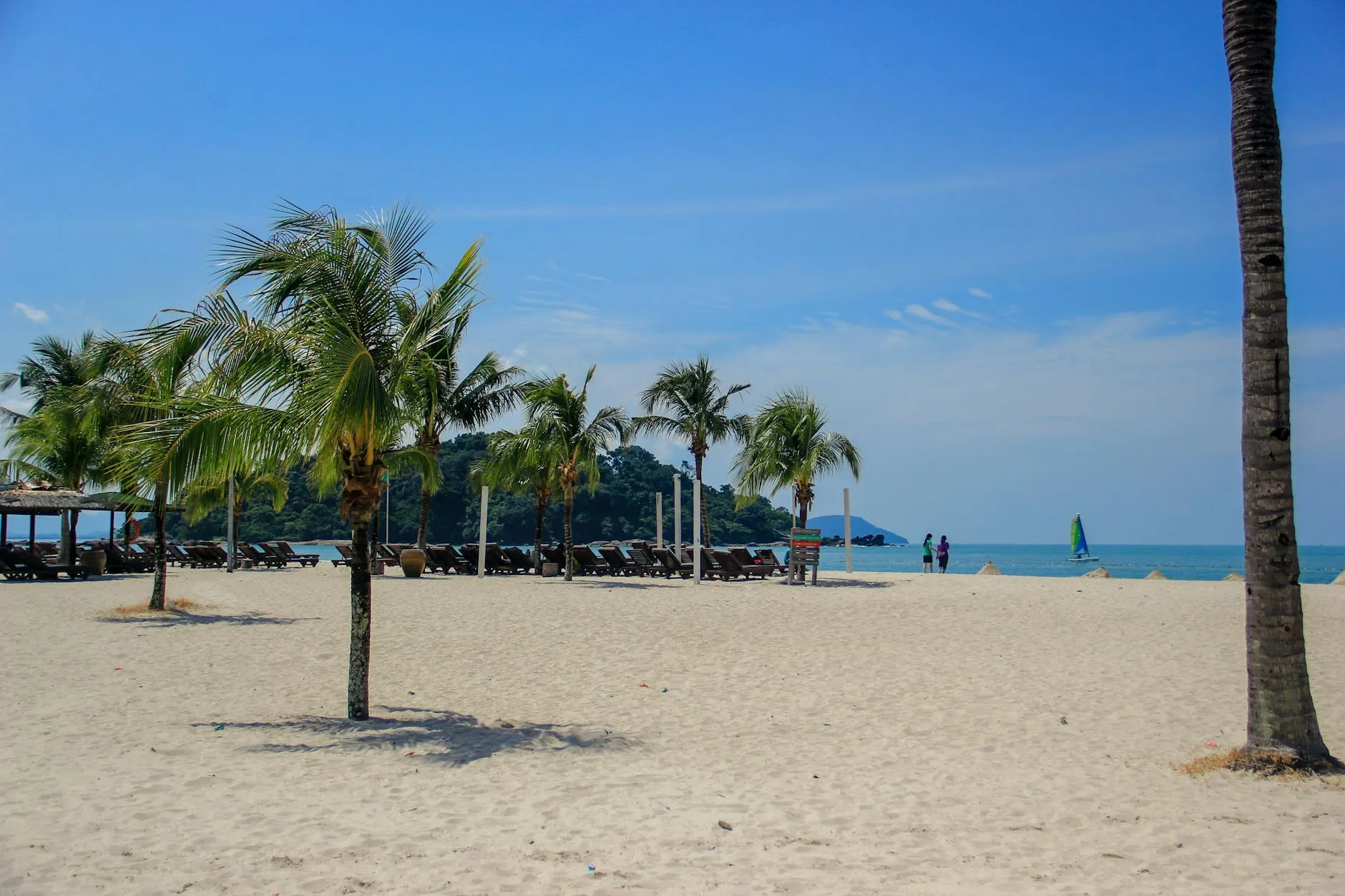 Langkawi, Malaysia — Idyllic tropical beach in Langkawi, Malaysia, featuring palm trees and blue skies, perfect for a summer vacation.