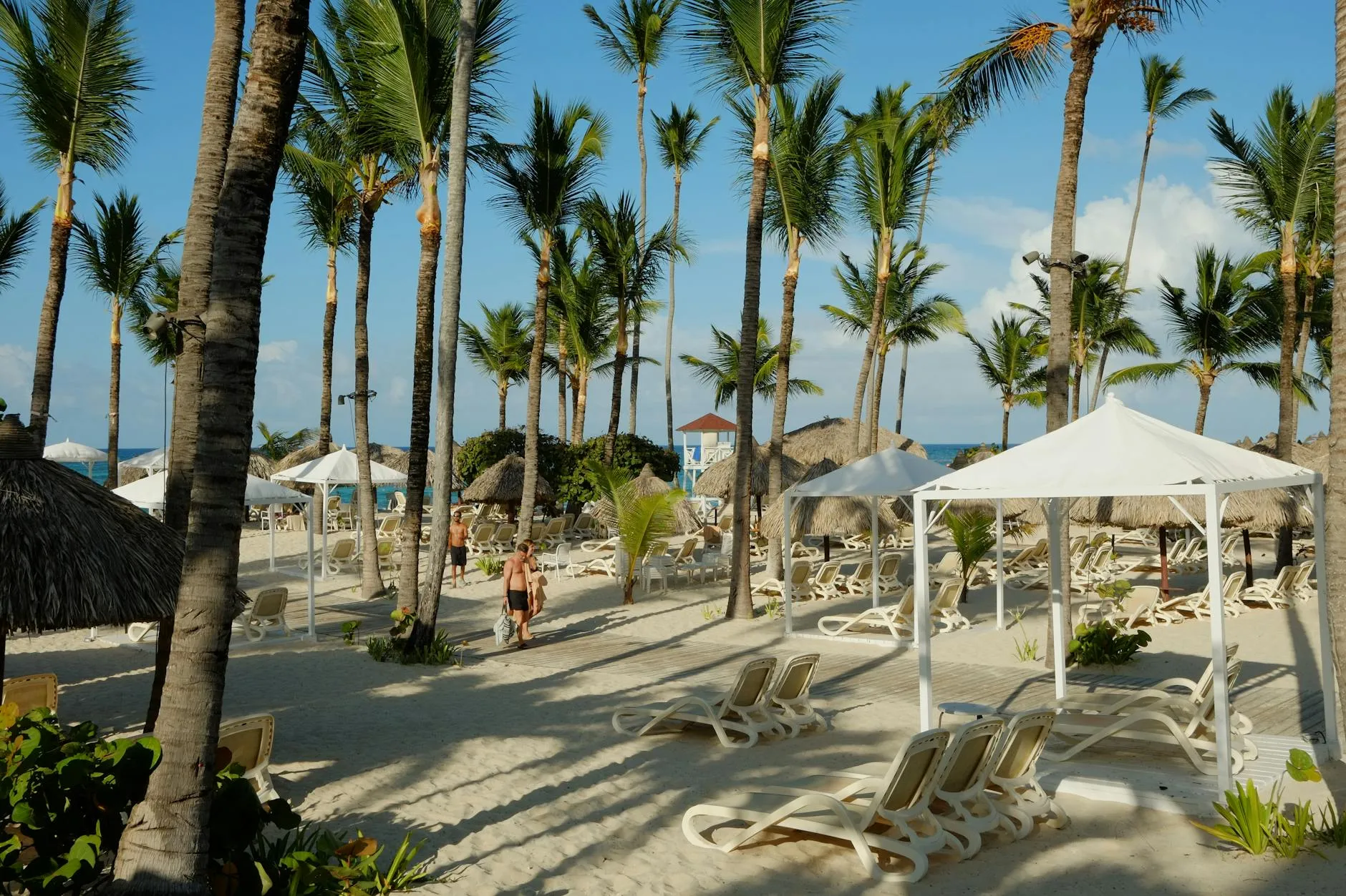 Idyllic tropical beach scene with palm trees, lounge chairs, and umbrellas at an oceanfront resort.
