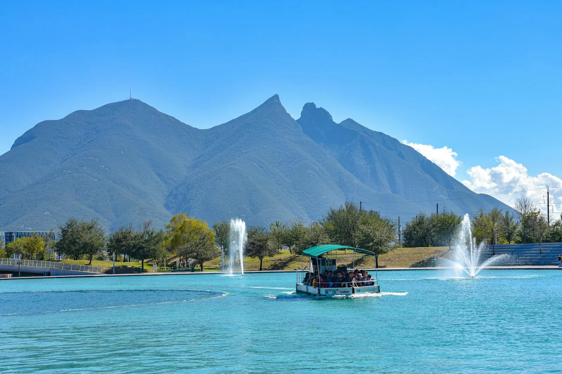 Monterrey Mexico — Paseo Santa Lucía river walk, Cerro de la Silla in the background