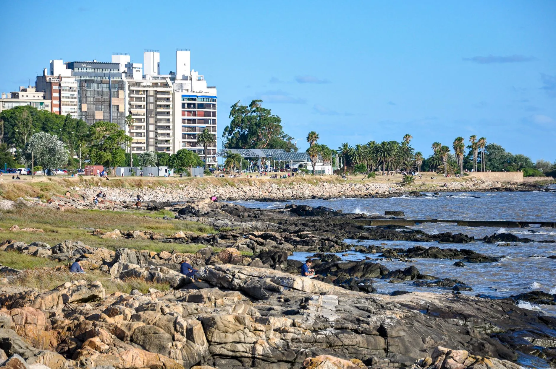 Montevideo, Uruguay — Picturesque coastal view in Montevideo, Uruguay with rocky shore, greenery, and city skyline.