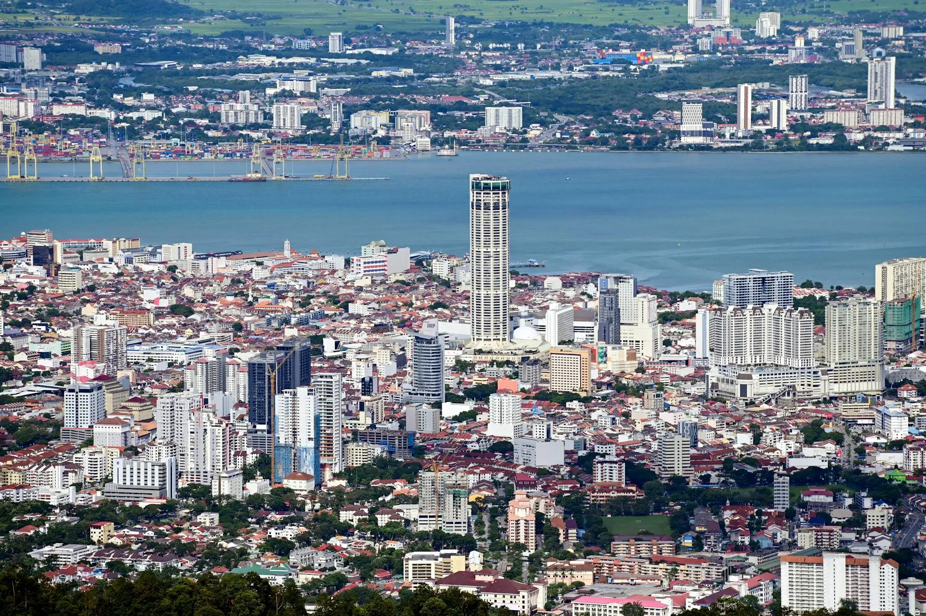 Penang Malaysia — A stunning aerial view of George Town, Penang showcasing the urban landscape and coastal beauty.