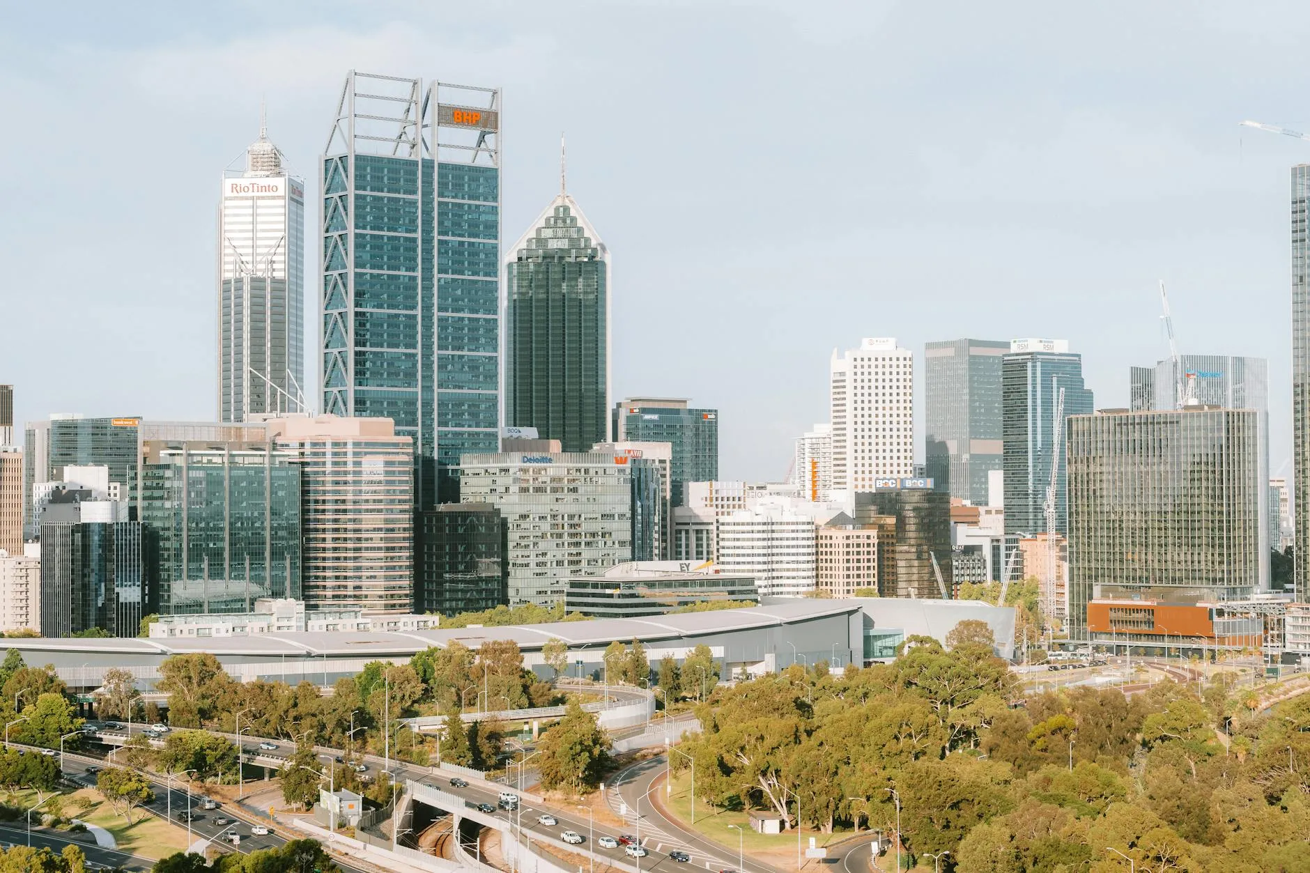 A vibrant view of Perth's skyline with modern skyscrapers and urban landscape.