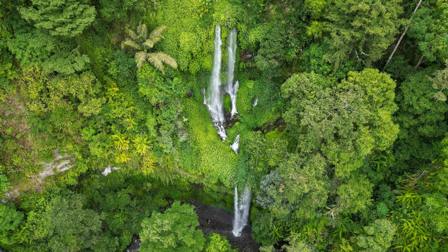 Equatorial Guinea (Bioko) — Aerial view of a waterfall amidst lush green tropical jungle foliage.