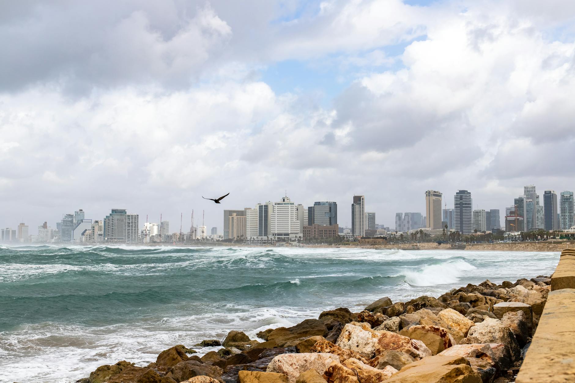 Scenic view of Tel Aviv's skyline with rocky seashore and waves crashing, under a cloudy sky.