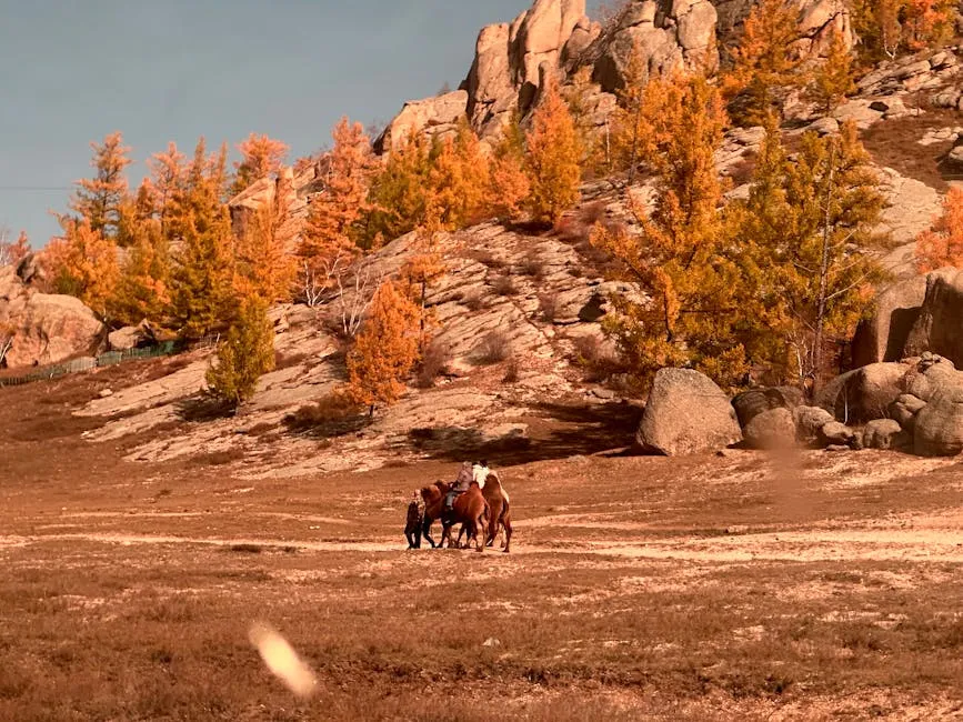 A scenic autumn view with horses and rider amidst rocky hills and trees in Ulaanbaatar, Mongolia.