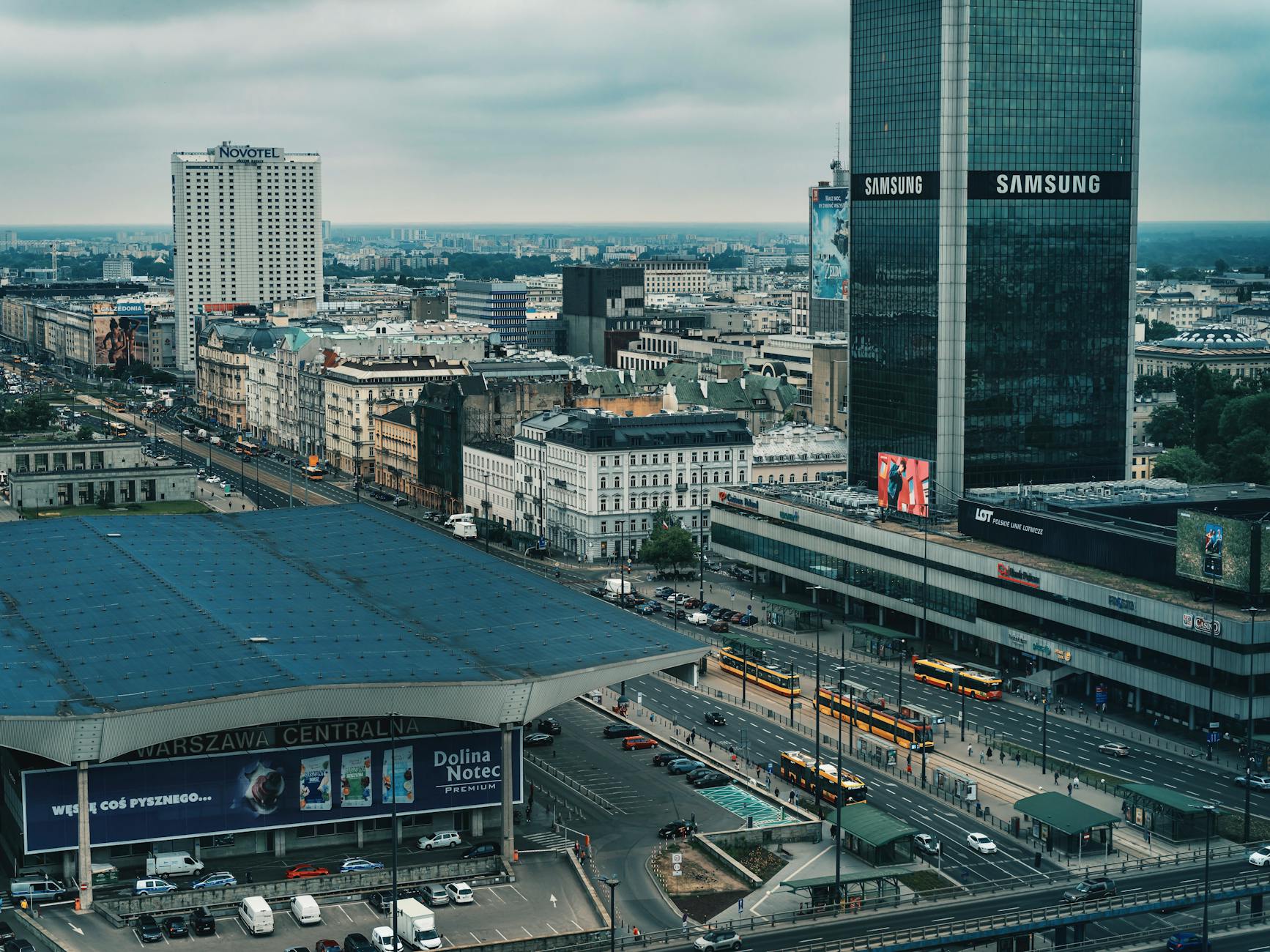 High-angle view of Warsaw Central Station and urban cityscape in Poland.