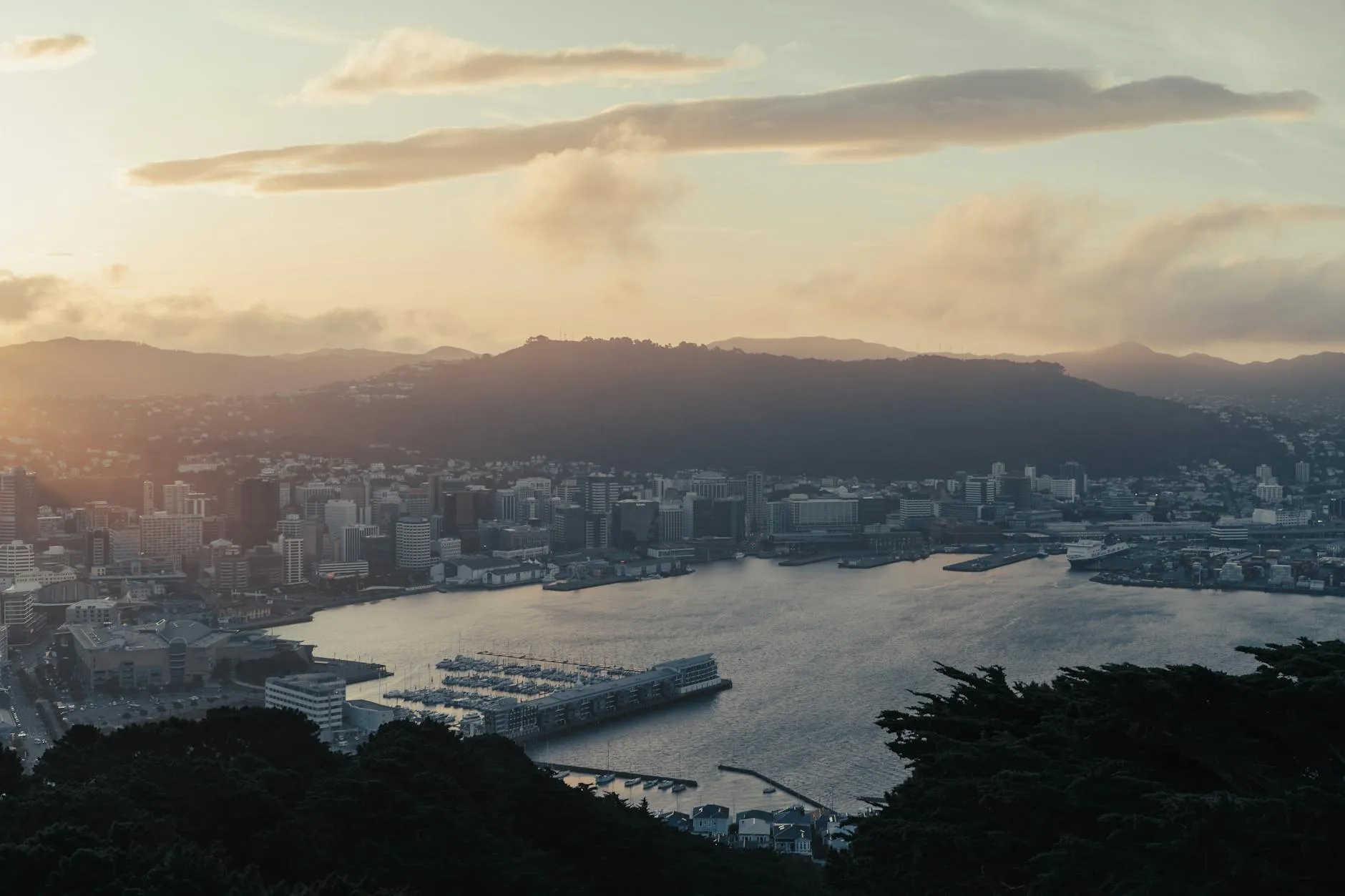 Wellington, New Zealand — Breathtaking aerial view of Wellington, New Zealand at sunset showcasing the city and waterfront.