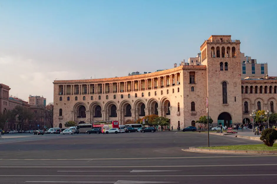 View of a historic government building in Yerevan, Armenia, on a clear summer day.