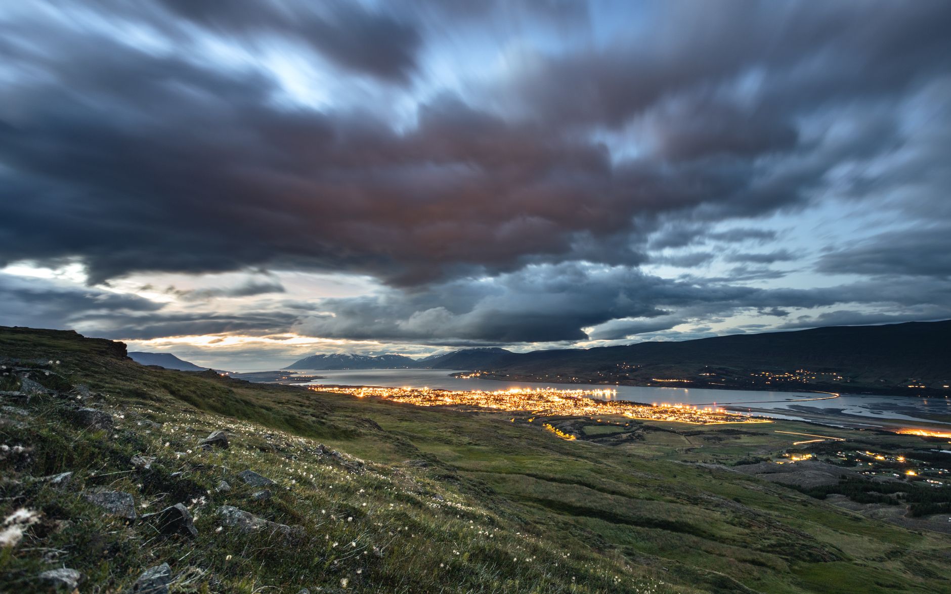 Akureyri, Iceland — Northern Lights over the fjord