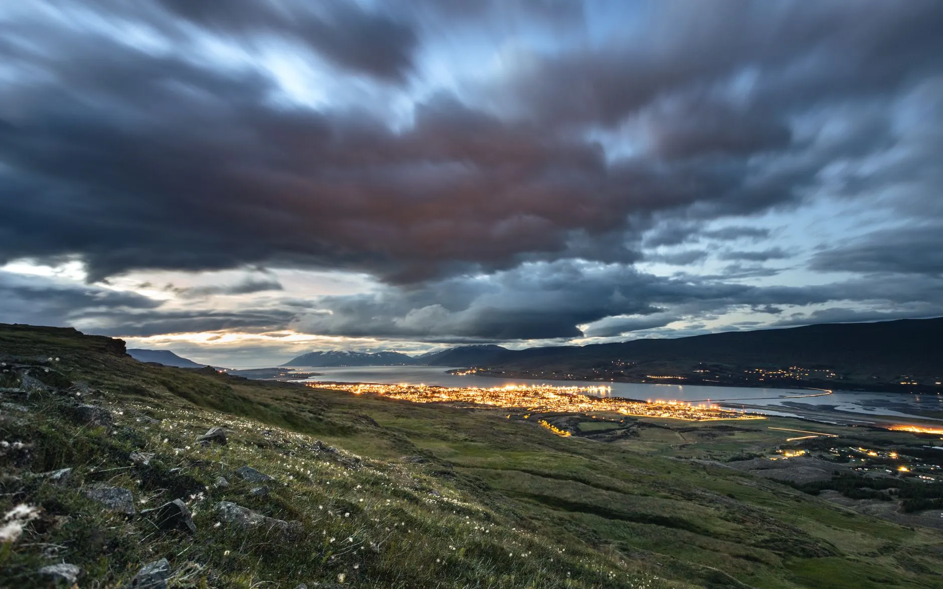 Akureyri, Iceland — Northern Lights over the fjord
