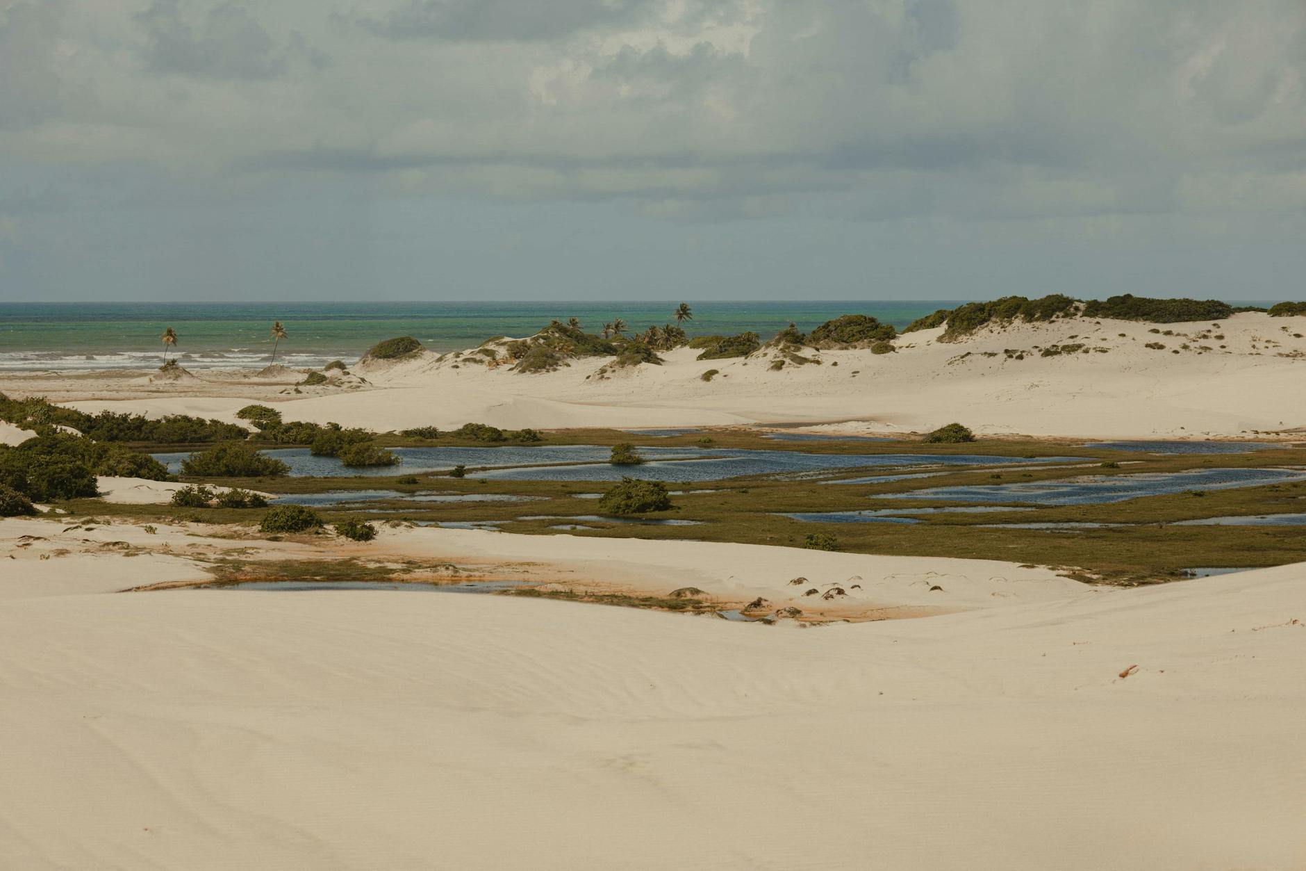 Boa Vista, Cape Verde — Peaceful beach scene featuring sand dunes, ocean view, and distant palm trees under a cloudy sky.