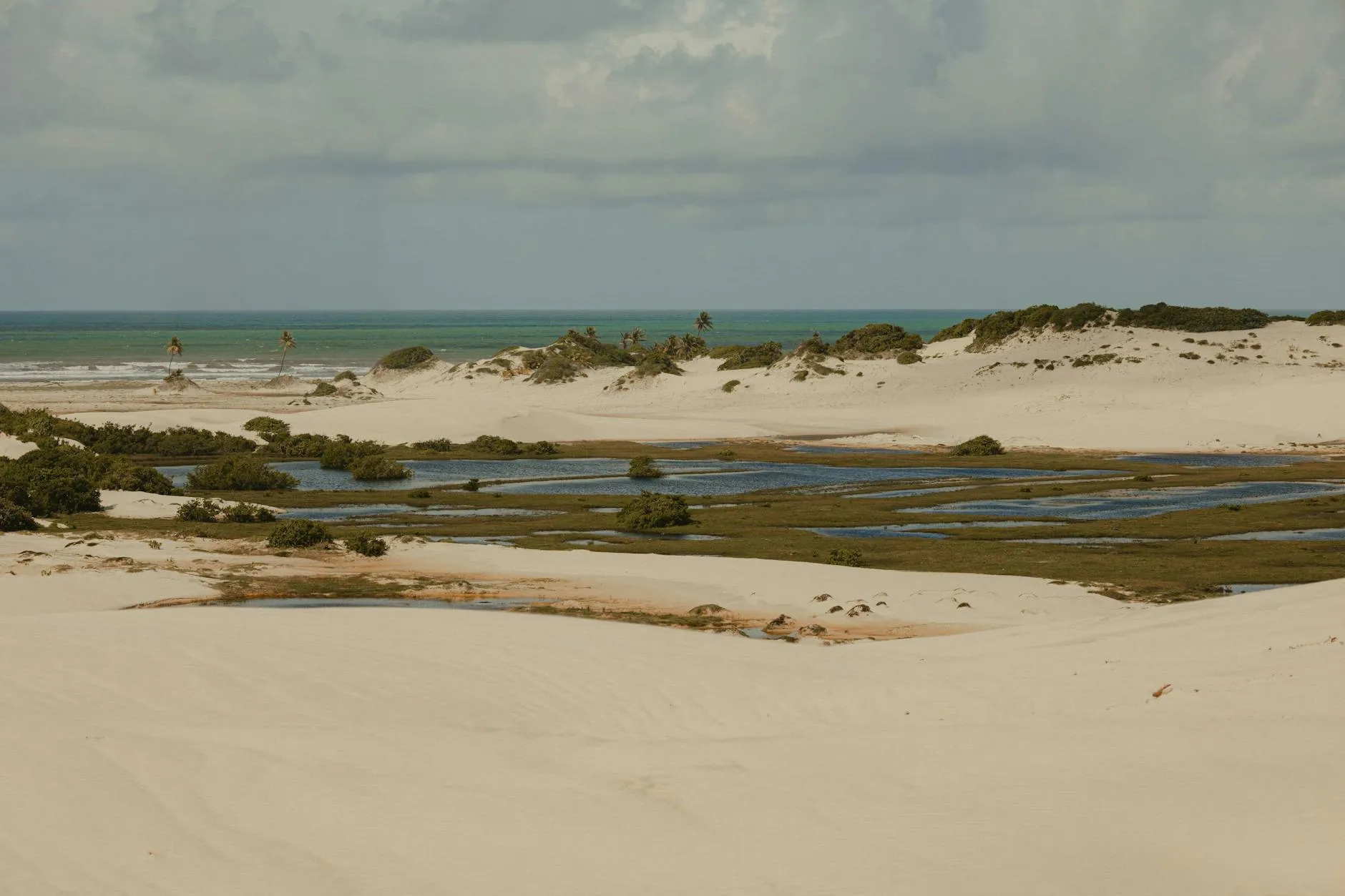 Boa Vista, Cape Verde — Peaceful beach scene featuring sand dunes, ocean view, and distant palm trees under a cloudy sky.
