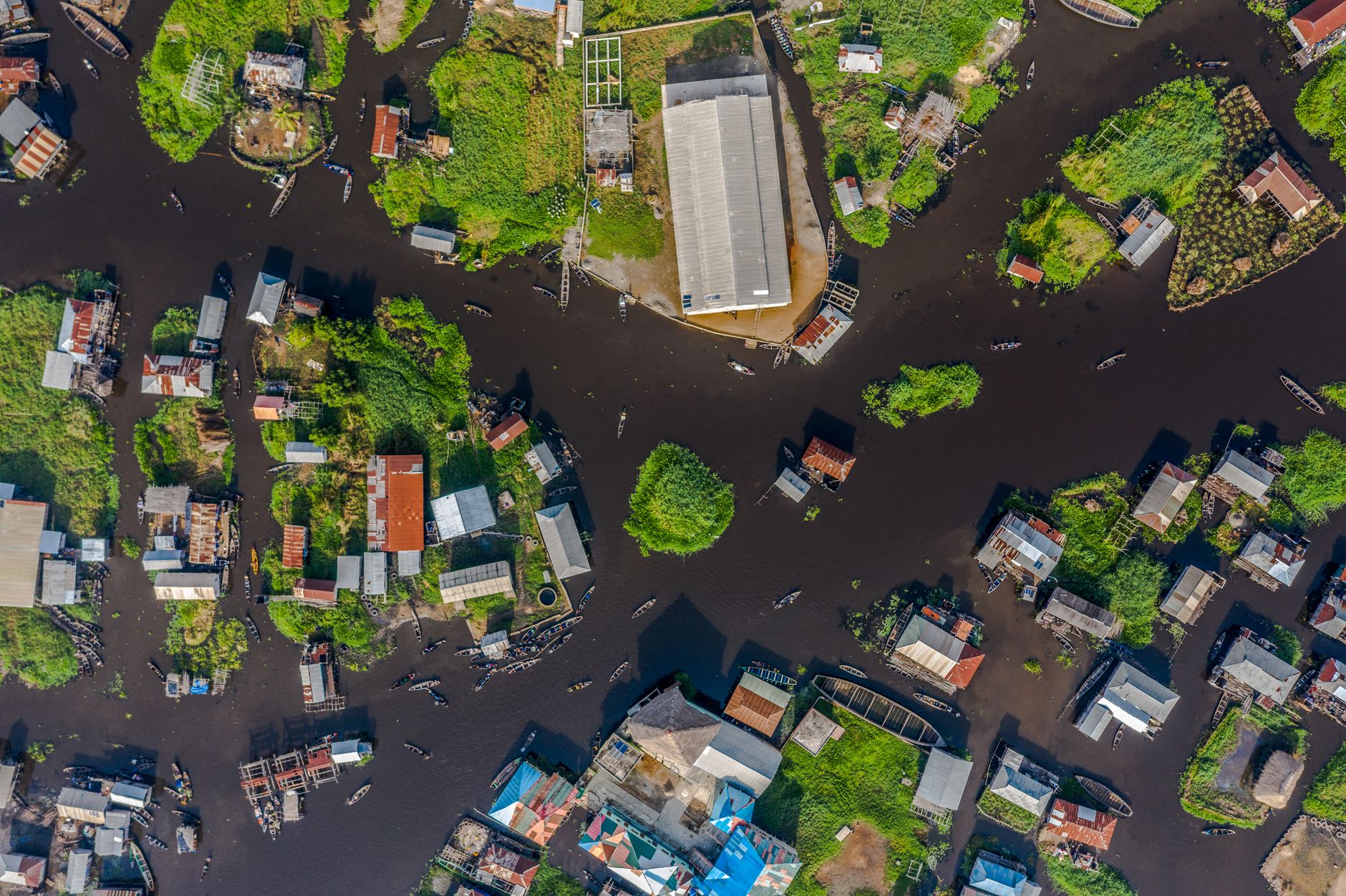 Benin — Drone view of Ganvié, a traditional stilt village on Lake Nokoué, Cotonou, Benin.