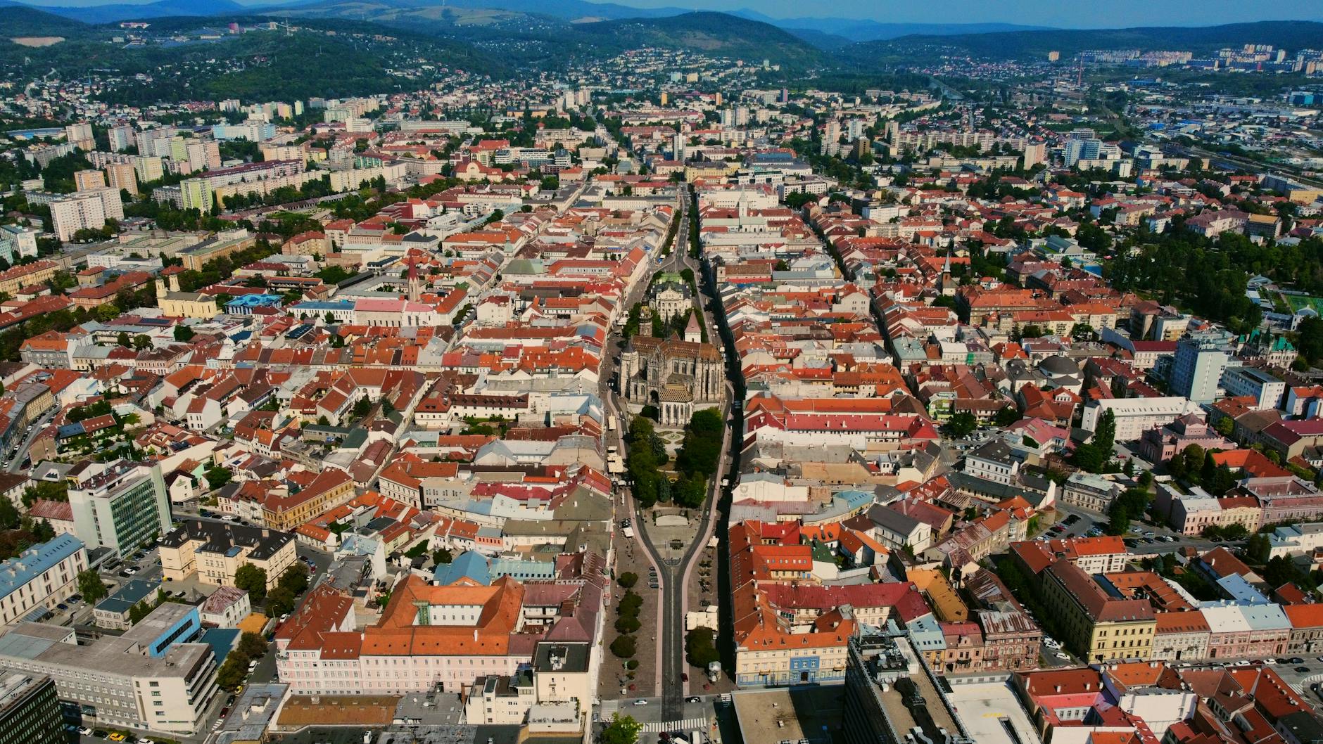 Košice, Slovakia — Aerial view of Košice, Slovakia showcasing vibrant cityscape and iconic architecture.
