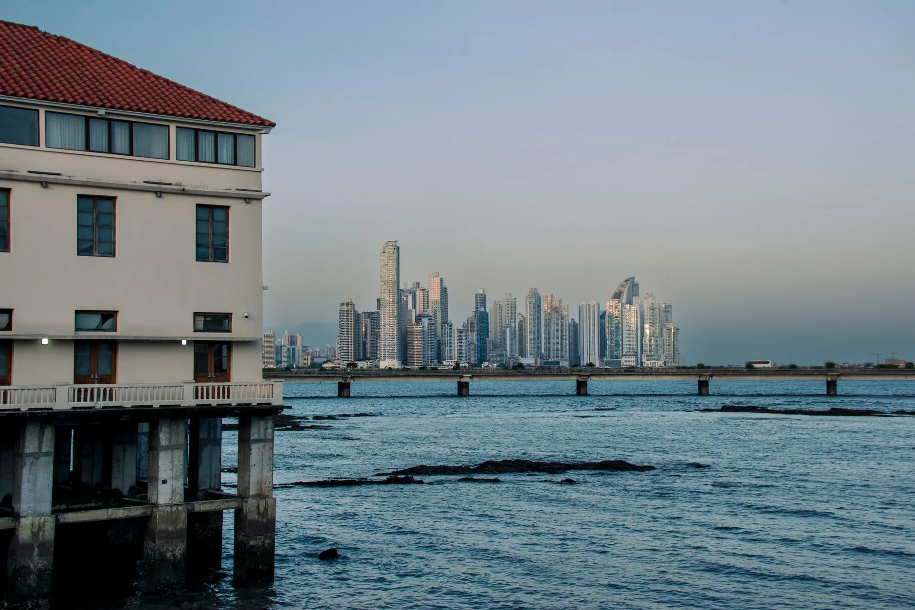 Panama — Stunning view of Panama City skyline seen from Casco Viejo across the water.