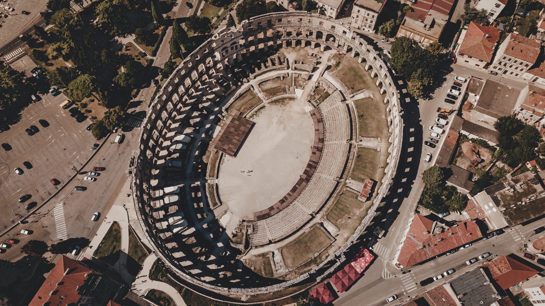 Pula, Istria — Explore the historic Pula Arena with this stunning aerial view captured in Pula, Croatia.