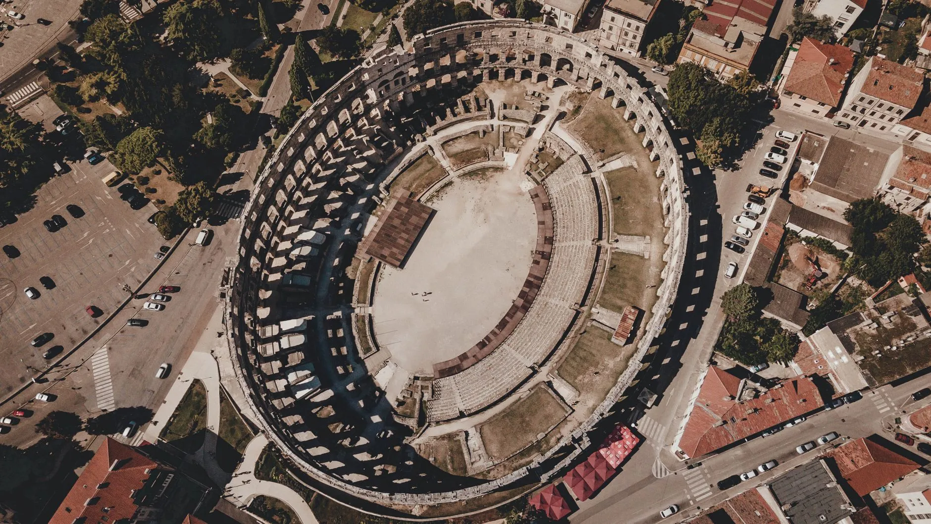 Pula, Istria — Explore the historic Pula Arena with this stunning aerial view captured in Pula, Croatia.