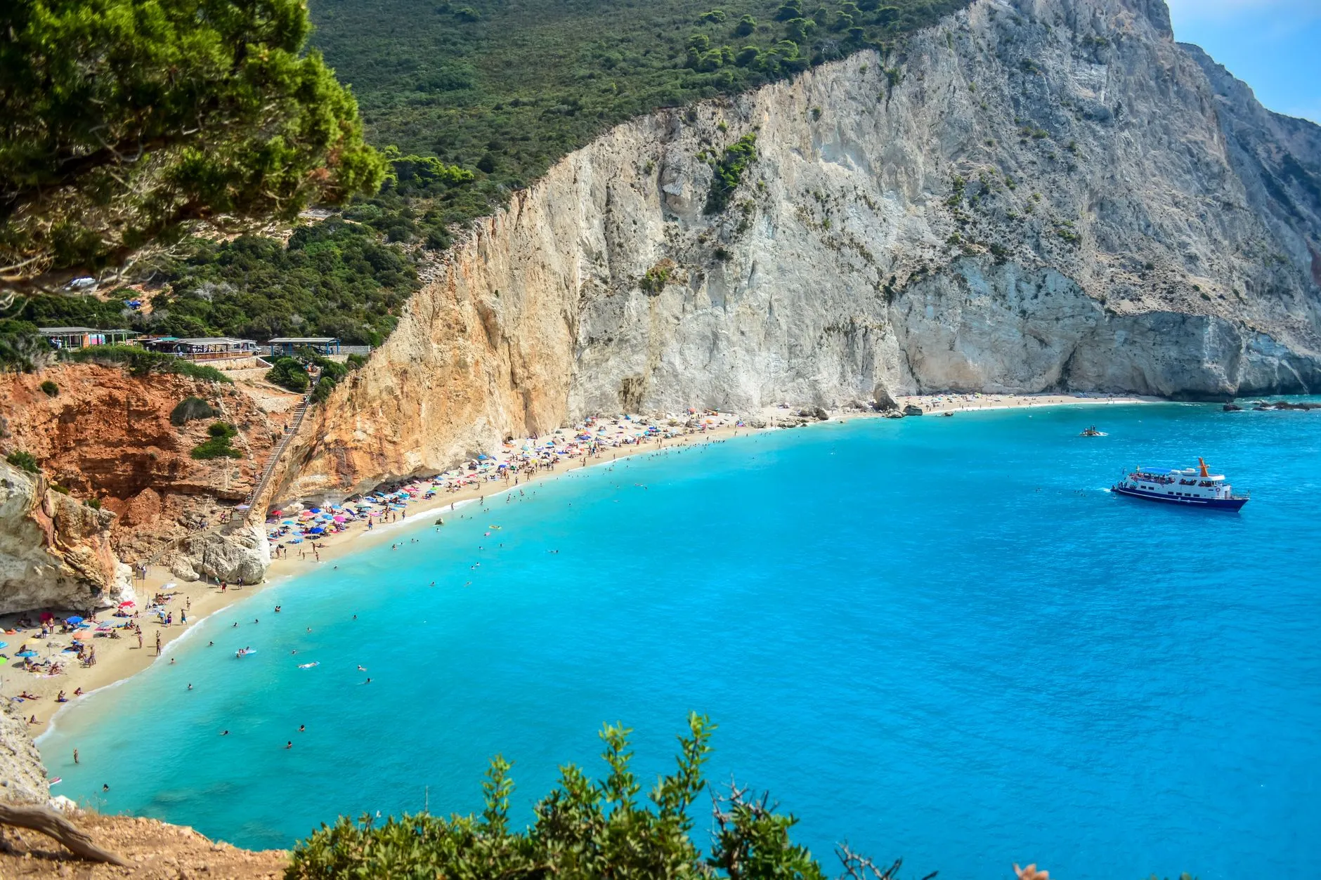 Lefkada, Greece — Aerial view of the stunning Porto Katsiki beach with turquoise waters and cliffs in Lefkada, Greece.