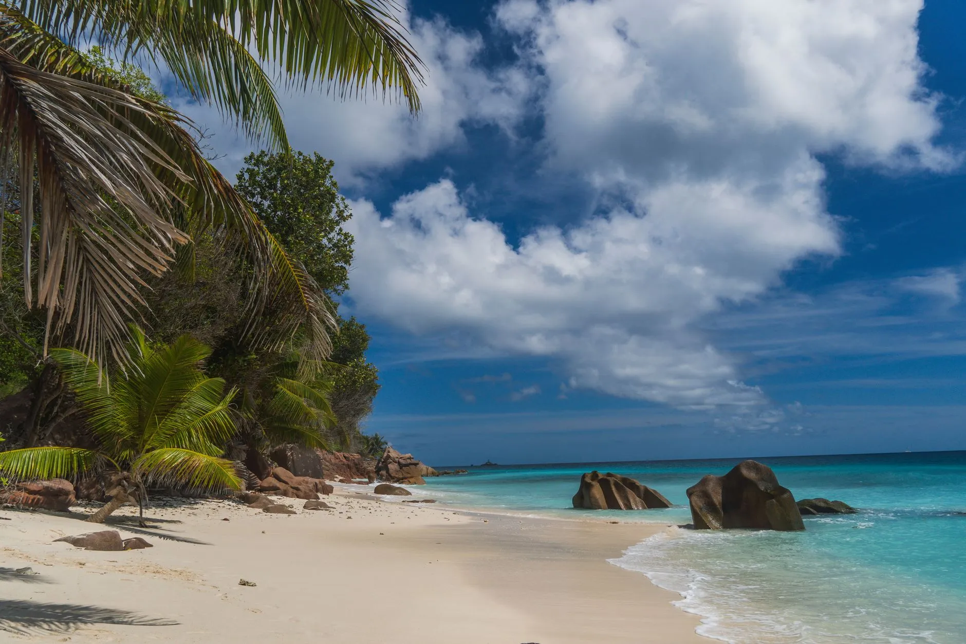 Seychelles — granite-boulder beach on the Indian Ocean