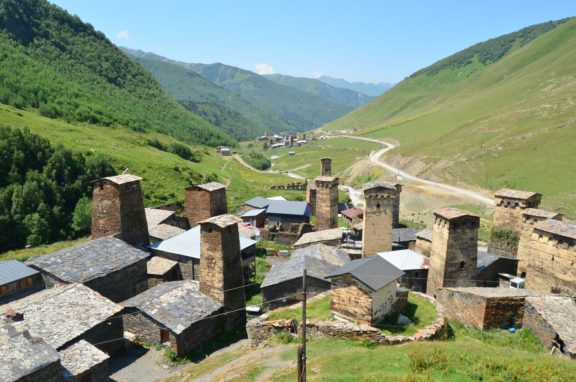 Georgia — Historic stone towers in picturesque Ushguli village, nestled in the Caucasus Mountains, Svaneti, Georgia.