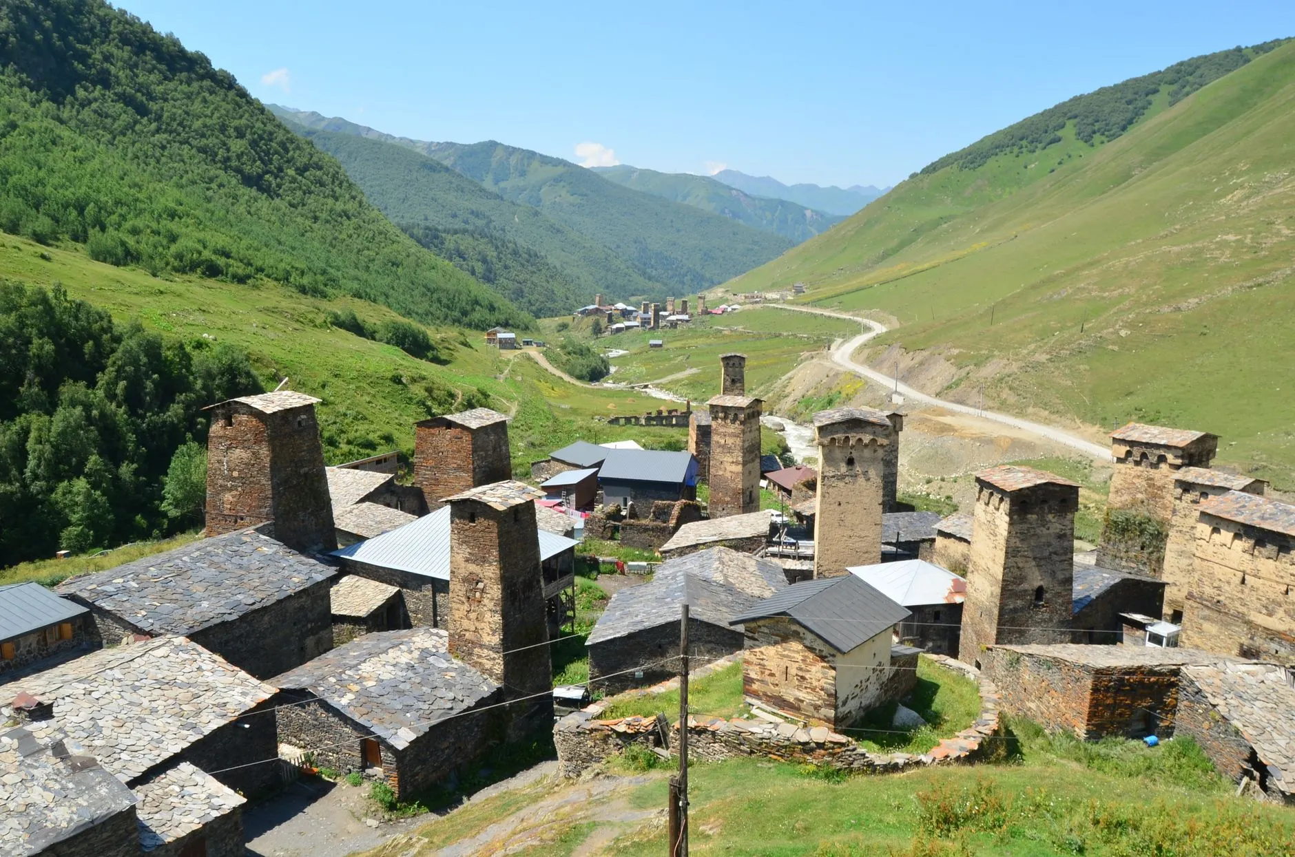 Georgia — Historic stone towers in picturesque Ushguli village, nestled in the Caucasus Mountains, Svaneti, Georgia.
