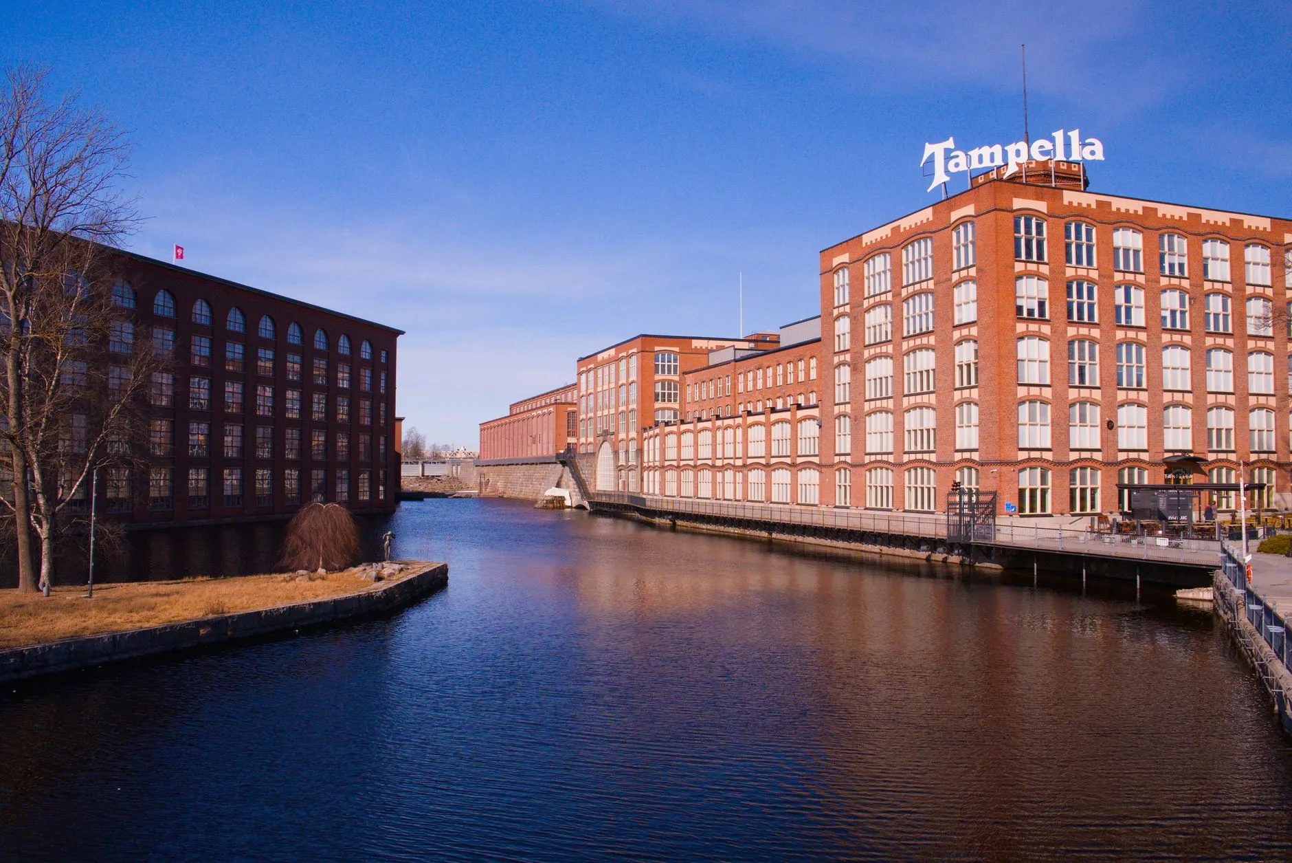 Tampere, Finland — View of the iconic Tampella building along the Tammerkoski in Tampere, Finland.