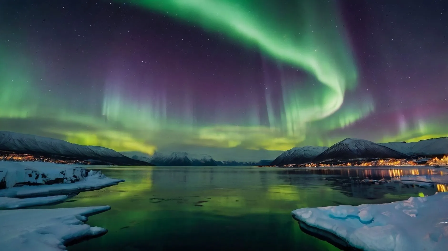Trondheim, Norway — Northern Lights (aurora borealis) over a Norwegian fjord
