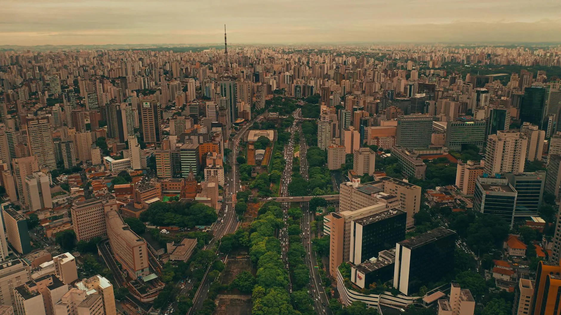 São Paulo, Brazil — A breathtaking aerial view of São Paulo's sprawling skyline and lush greenery along Avenida Paulista.